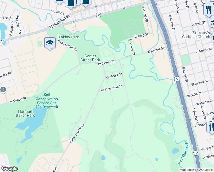 map of restaurants, bars, coffee shops, grocery stores, and more near 1331 West Moore Street in Sherman