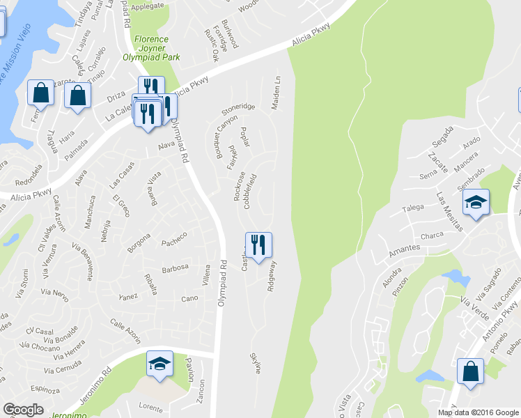 map of restaurants, bars, coffee shops, grocery stores, and more near 23281 Eagle Ridge in Mission Viejo