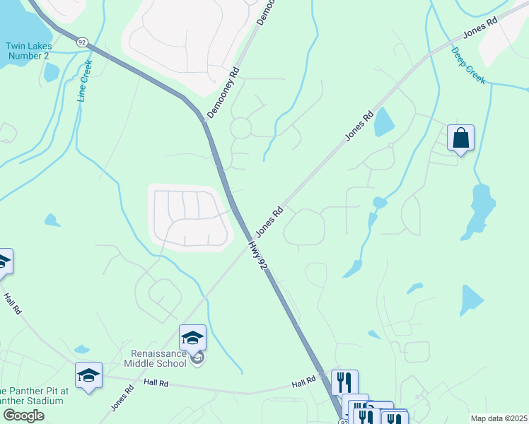 map of restaurants, bars, coffee shops, grocery stores, and more near 4845 Jones Road in Fairburn
