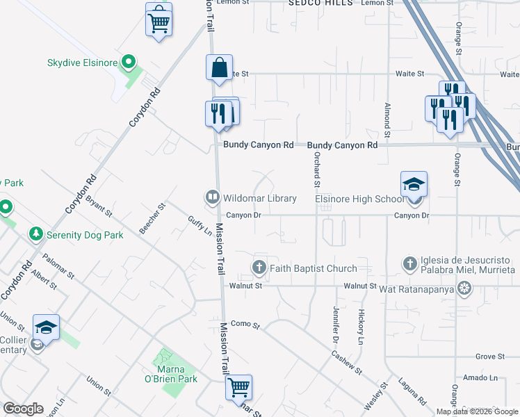 map of restaurants, bars, coffee shops, grocery stores, and more near 34230 Dorof Court in Wildomar