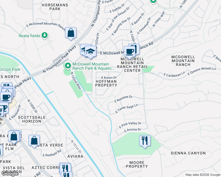 map of restaurants, bars, coffee shops, grocery stores, and more near 15179 North 102nd Way in Scottsdale