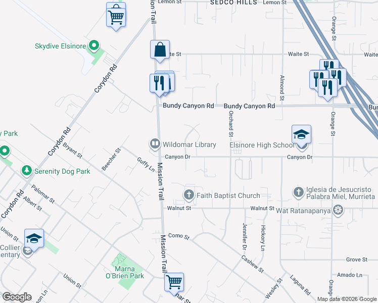 map of restaurants, bars, coffee shops, grocery stores, and more near 34230 Dorof Court in Wildomar