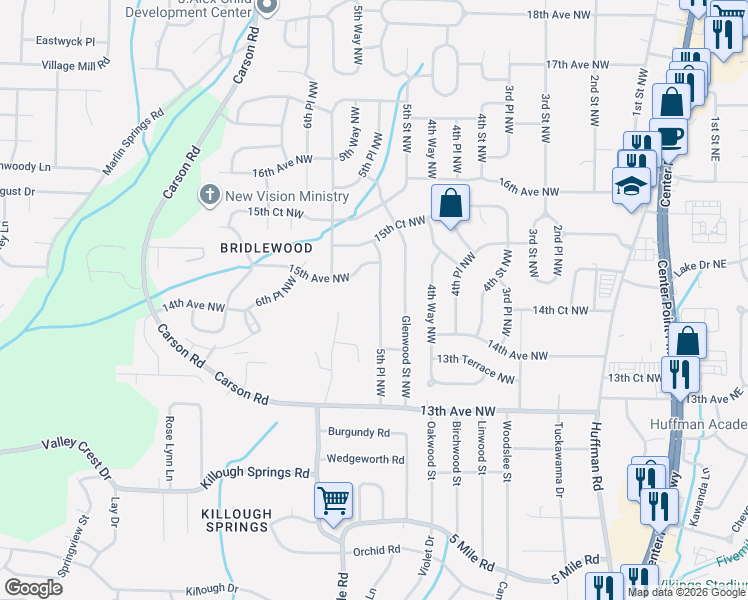 map of restaurants, bars, coffee shops, grocery stores, and more near 517 15th Avenue Northwest in Center Point