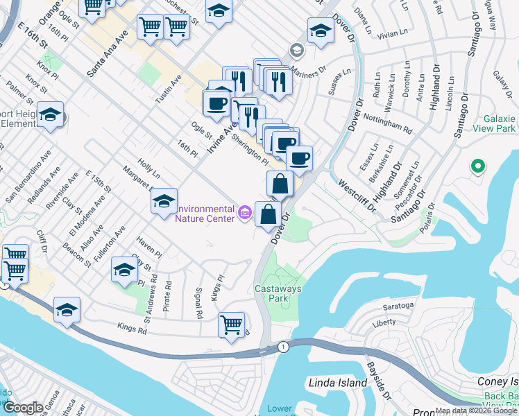 map of restaurants, bars, coffee shops, grocery stores, and more near 835 Seagull Lane in Newport Beach