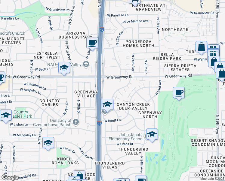 map of restaurants, bars, coffee shops, grocery stores, and more near 12 North 25th Drive in Phoenix