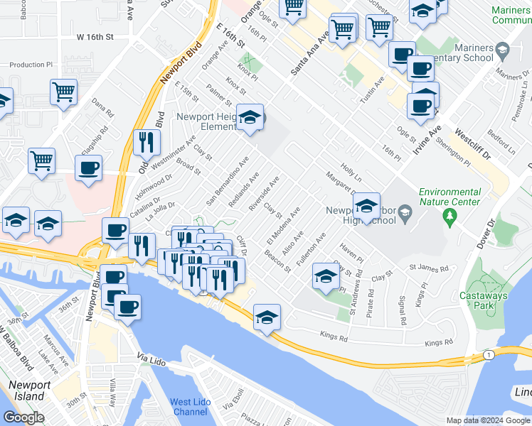 map of restaurants, bars, coffee shops, grocery stores, and more near 453 Tustin Avenue in Newport Beach