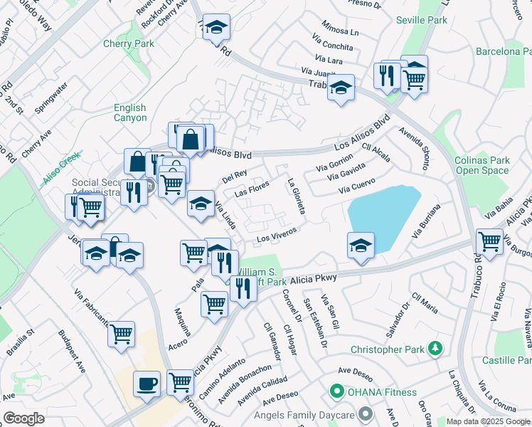 map of restaurants, bars, coffee shops, grocery stores, and more near in Mission Viejo