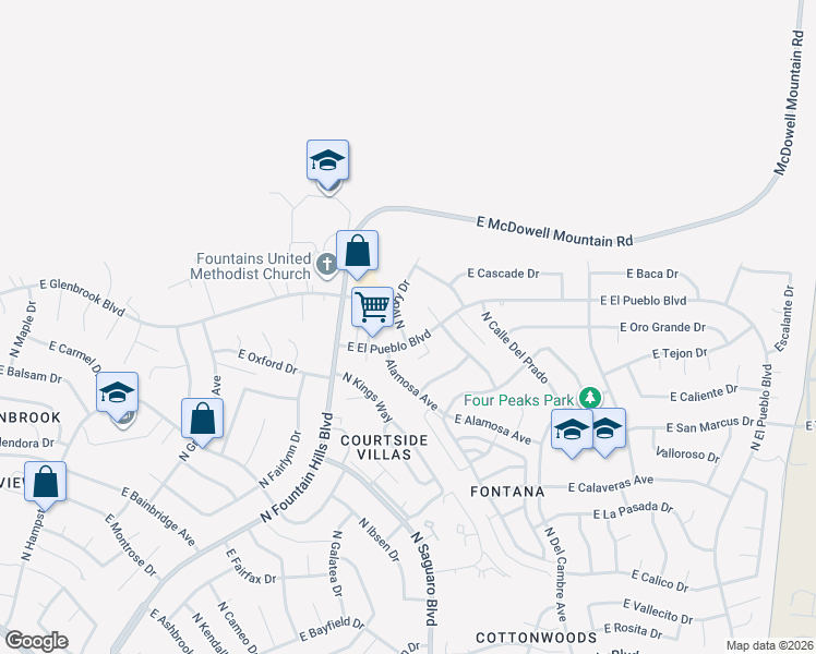 map of restaurants, bars, coffee shops, grocery stores, and more near 15115 North Ivory Drive in Fountain Hills