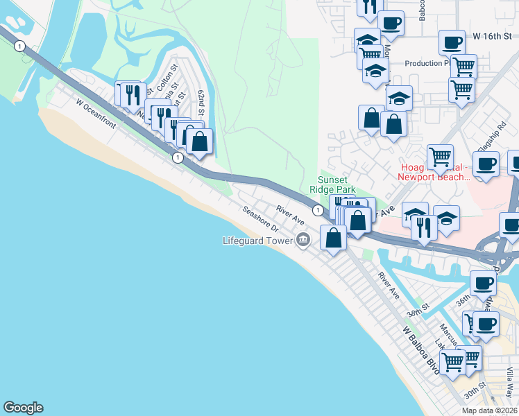 map of restaurants, bars, coffee shops, grocery stores, and more near 5306 Neptune Avenue in Newport Beach