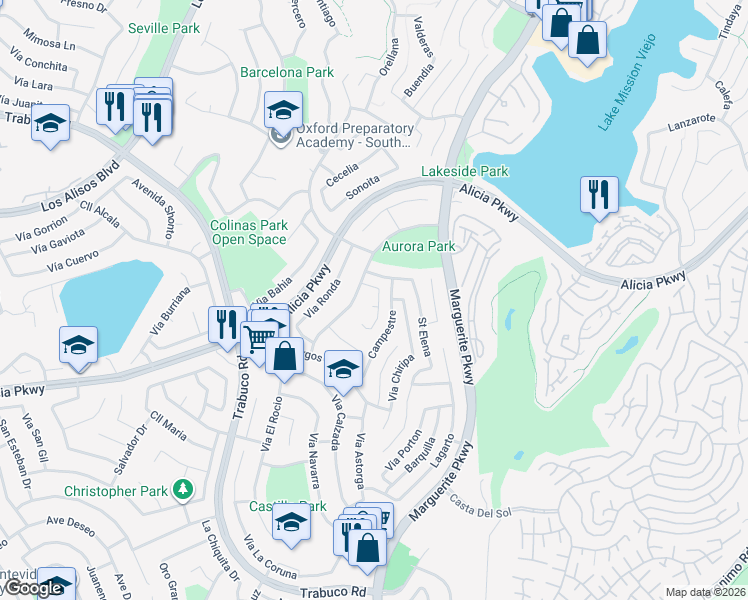 map of restaurants, bars, coffee shops, grocery stores, and more near 27321 Vía Balsa in Mission Viejo