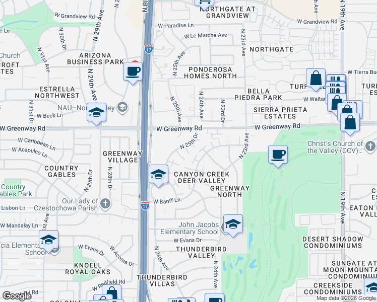 map of restaurants, bars, coffee shops, grocery stores, and more near 15201 North 25th Drive in Phoenix