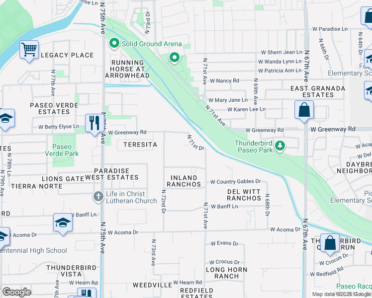 map of restaurants, bars, coffee shops, grocery stores, and more near 7133 West Caribbean Lane in Peoria