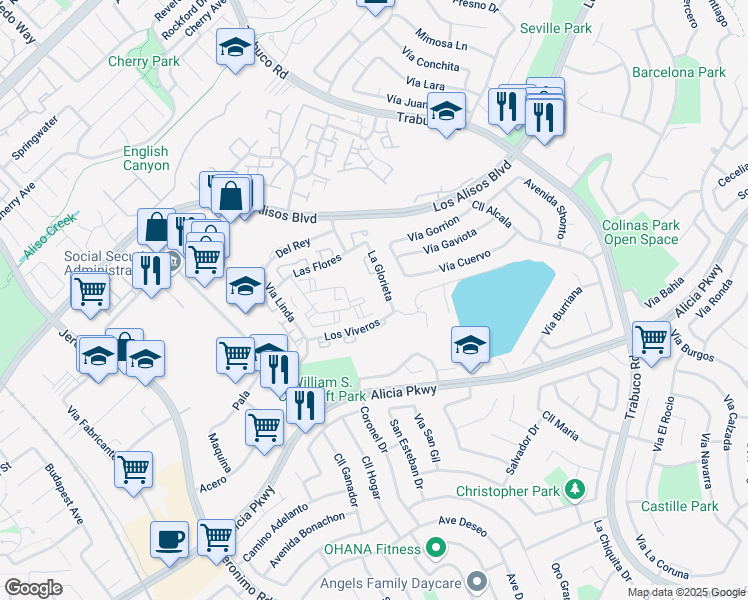 map of restaurants, bars, coffee shops, grocery stores, and more near 23302 La Mar in Mission Viejo