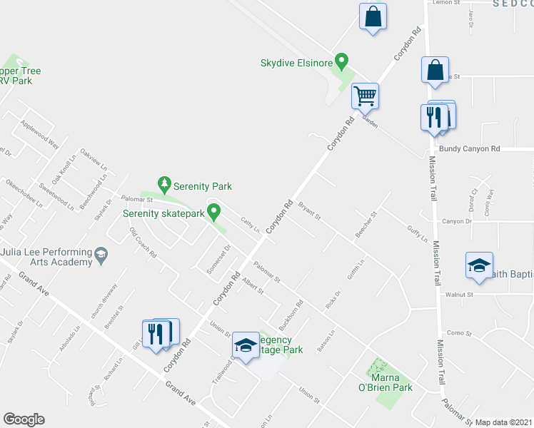 map of restaurants, bars, coffee shops, grocery stores, and more near 32373 Corydon Road in Lake Elsinore