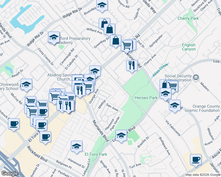 map of restaurants, bars, coffee shops, grocery stores, and more near 23294 Orange Avenue in Lake Forest