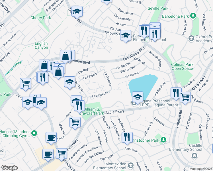 map of restaurants, bars, coffee shops, grocery stores, and more near 23321 La Glorieta in Mission Viejo