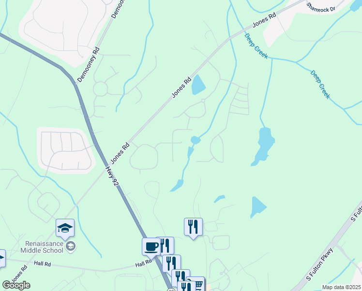 map of restaurants, bars, coffee shops, grocery stores, and more near 6884 Wildboar Drive in Fairburn