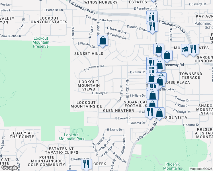 map of restaurants, bars, coffee shops, grocery stores, and more near 2033 East Janice Way in Phoenix