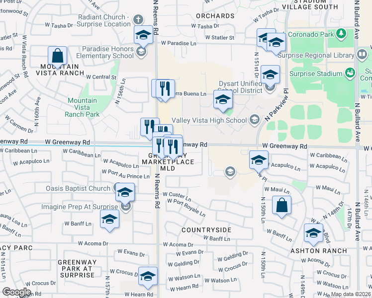 map of restaurants, bars, coffee shops, grocery stores, and more near 15372 West Caribbean Lane in Surprise