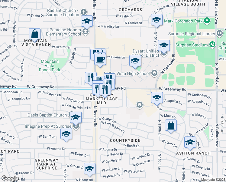 map of restaurants, bars, coffee shops, grocery stores, and more near 15372 West Caribbean Lane in Surprise