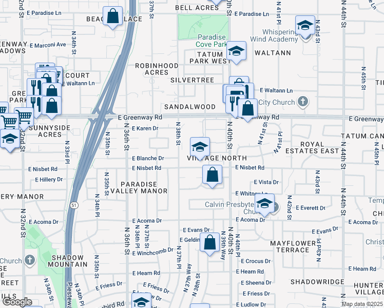 map of restaurants, bars, coffee shops, grocery stores, and more near 3820 East Nisbet Road in Phoenix
