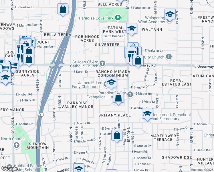 map of restaurants, bars, coffee shops, grocery stores, and more near 3820 East Nisbet Road in Phoenix
