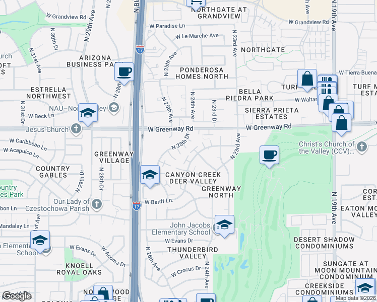 map of restaurants, bars, coffee shops, grocery stores, and more near 2506 West Caribbean Lane in Phoenix