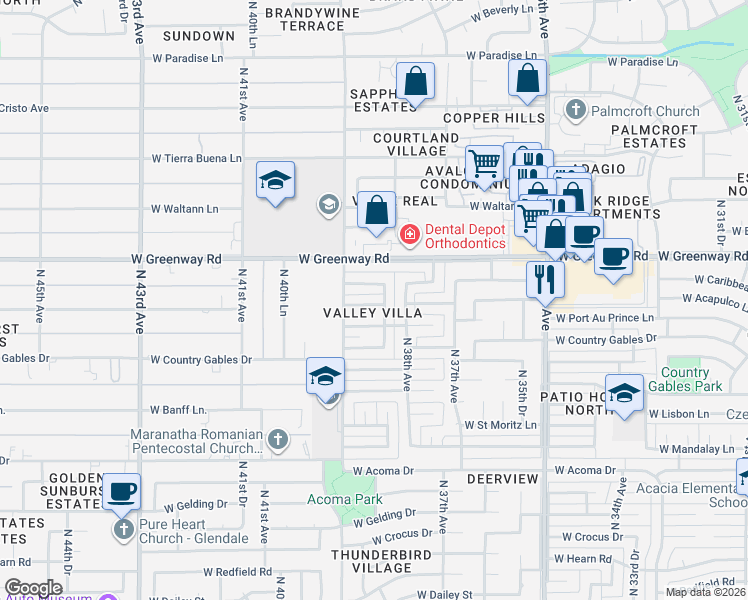 map of restaurants, bars, coffee shops, grocery stores, and more near 3845 West Caribbean Lane in Phoenix