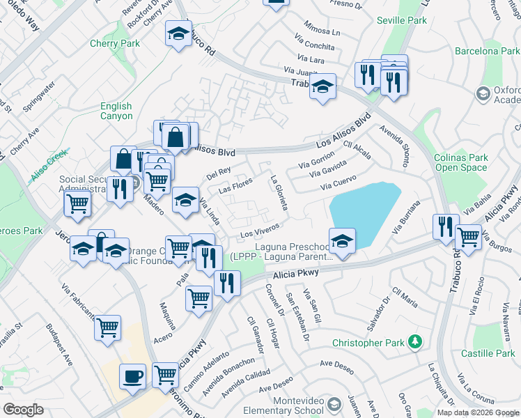 map of restaurants, bars, coffee shops, grocery stores, and more near 23302 La Mar in Mission Viejo