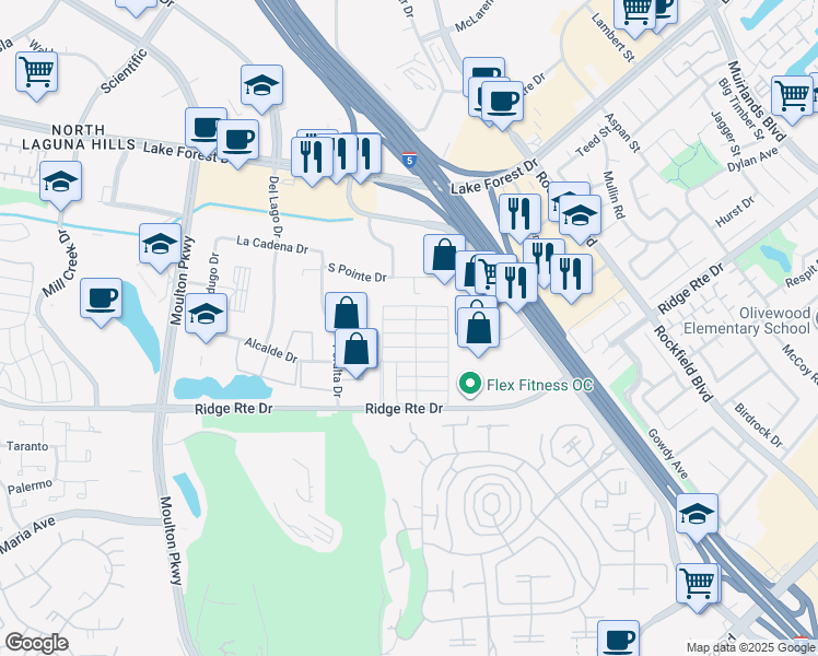 map of restaurants, bars, coffee shops, grocery stores, and more near Harbor Side in Laguna Hills
