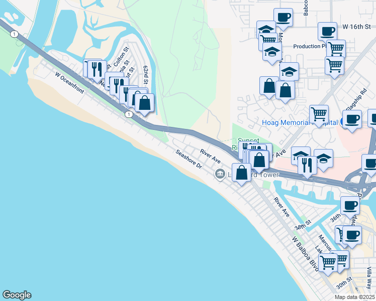 map of restaurants, bars, coffee shops, grocery stores, and more near 5300 River Avenue in Newport Beach