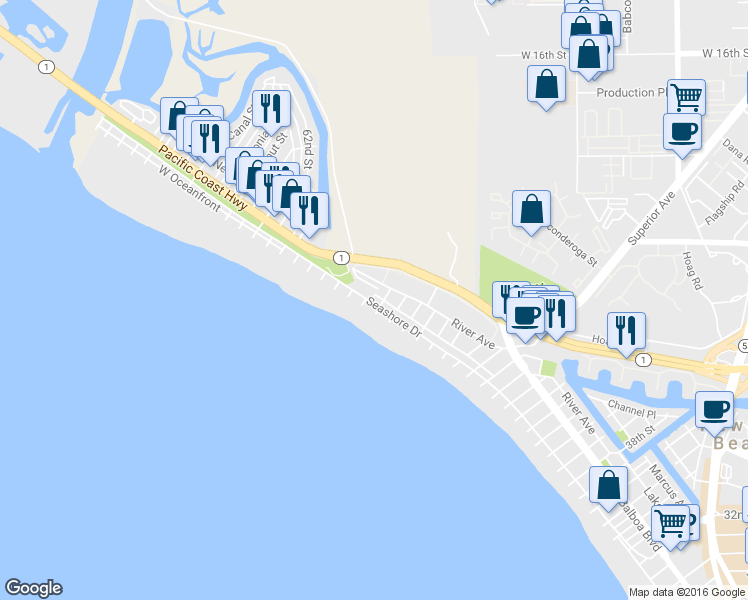 map of restaurants, bars, coffee shops, grocery stores, and more near 5509 River Avenue in Newport Beach