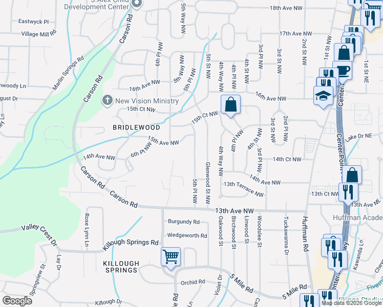 map of restaurants, bars, coffee shops, grocery stores, and more near 517 15th Avenue Northwest in Center Point