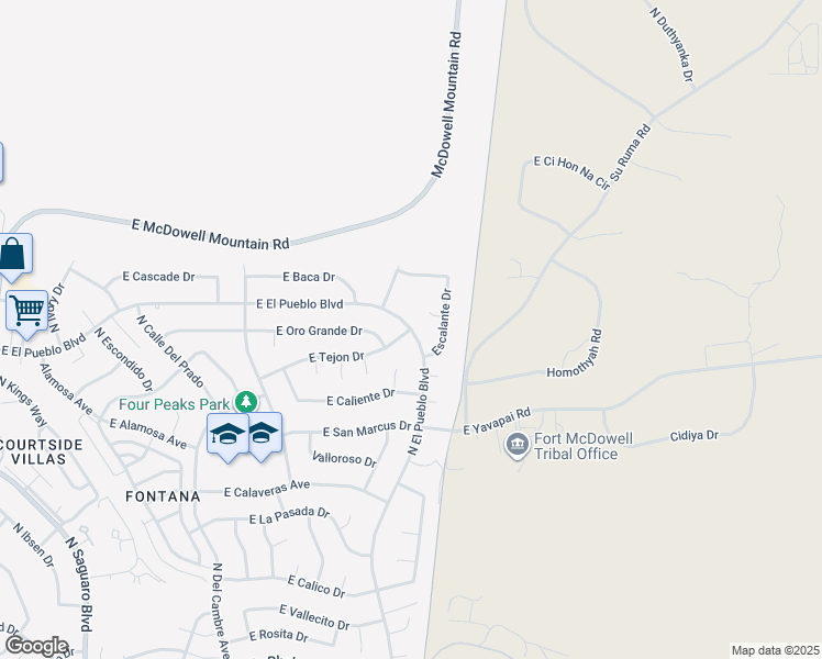 map of restaurants, bars, coffee shops, grocery stores, and more near 11843 East El Pueblo Boulevard in Fountain Hills