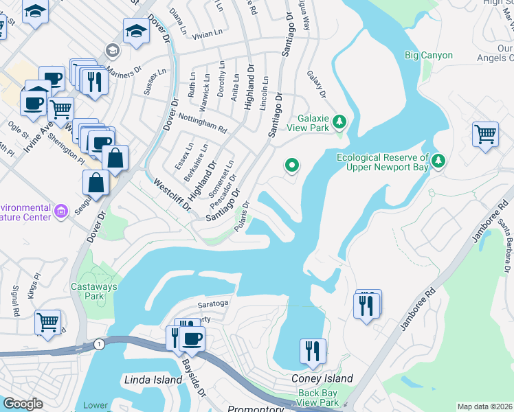map of restaurants, bars, coffee shops, grocery stores, and more near 500 Evening Star Lane in Newport Beach