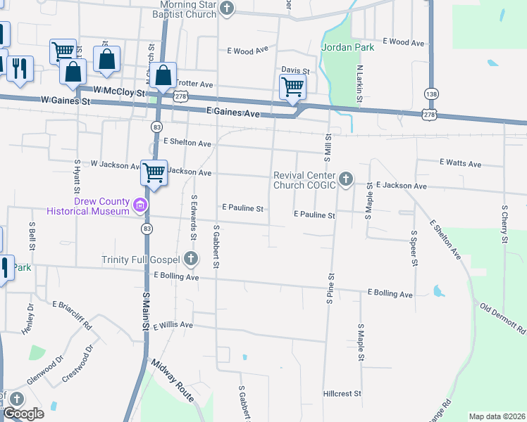 map of restaurants, bars, coffee shops, grocery stores, and more near 351 East Pauline Street in Monticello