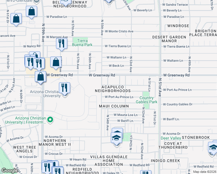 map of restaurants, bars, coffee shops, grocery stores, and more near 5401 West Caribbean Lane in Glendale