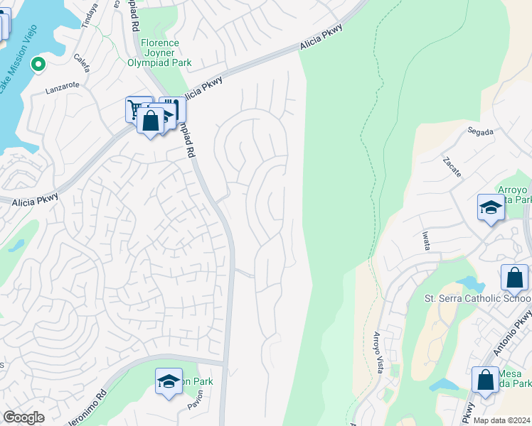 map of restaurants, bars, coffee shops, grocery stores, and more near 23295 Eagle Ridge in Mission Viejo