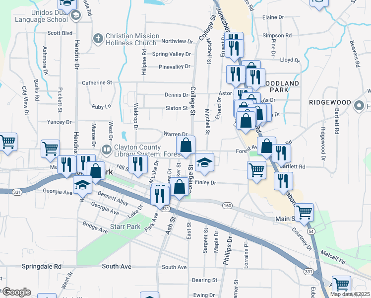 map of restaurants, bars, coffee shops, grocery stores, and more near 4777 College Street in Forest Park