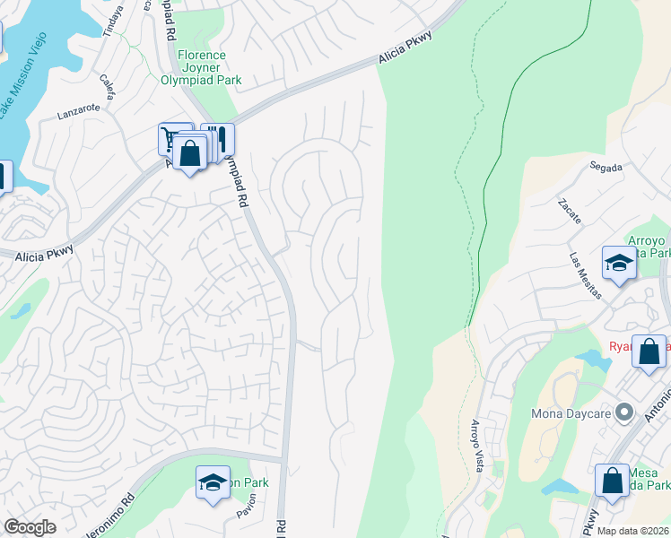 map of restaurants, bars, coffee shops, grocery stores, and more near 23295 Eagle Ridge in Mission Viejo