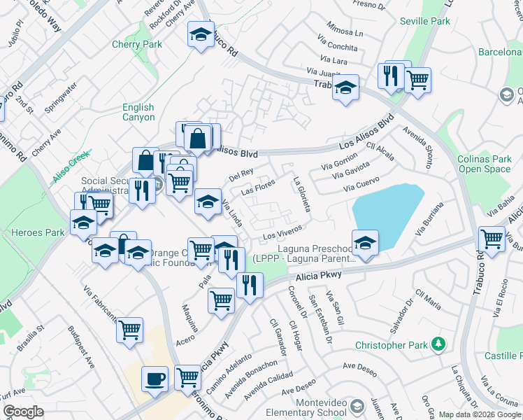 map of restaurants, bars, coffee shops, grocery stores, and more near in Mission Viejo