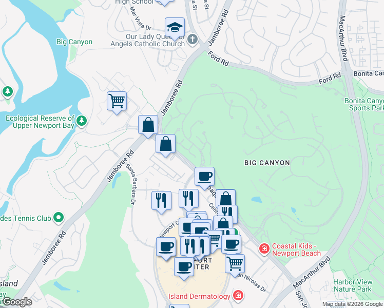 map of restaurants, bars, coffee shops, grocery stores, and more near 6 Rue Marseille in Newport Beach