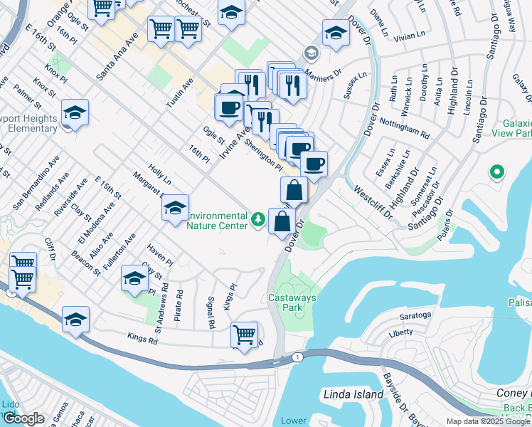 map of restaurants, bars, coffee shops, grocery stores, and more near 1680 East 16th Street in Newport Beach