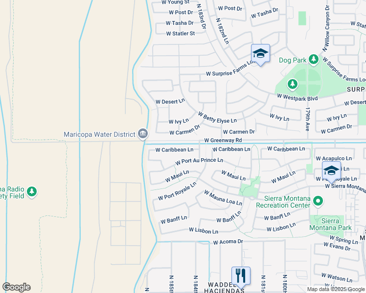 map of restaurants, bars, coffee shops, grocery stores, and more near 18406 West Caribbean Lane in Surprise