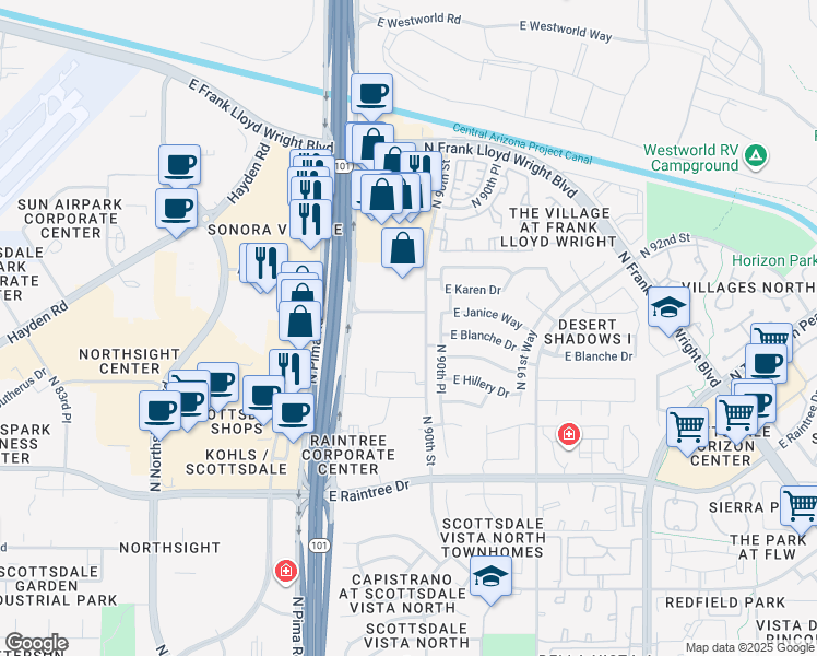 map of restaurants, bars, coffee shops, grocery stores, and more near 15100 North 90th Street in Scottsdale