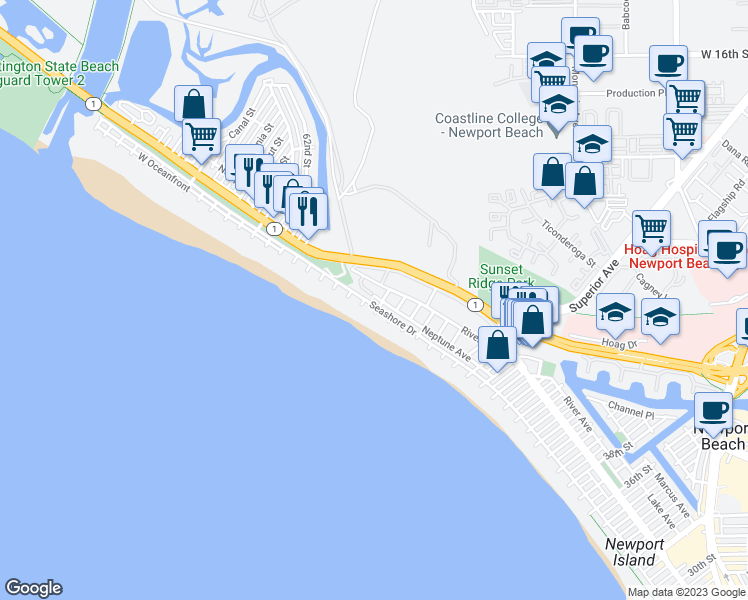 map of restaurants, bars, coffee shops, grocery stores, and more near 5408 Seashore Drive in Newport Beach