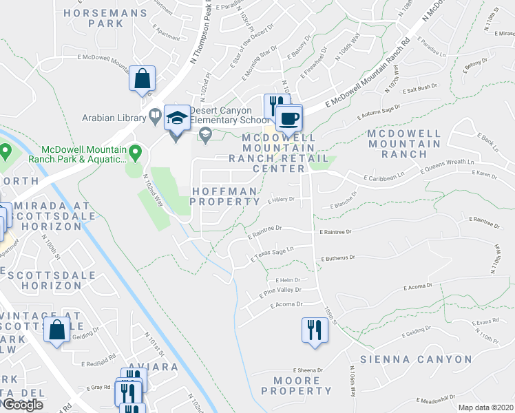 map of restaurants, bars, coffee shops, grocery stores, and more near 10388 East Hillery Drive in Scottsdale