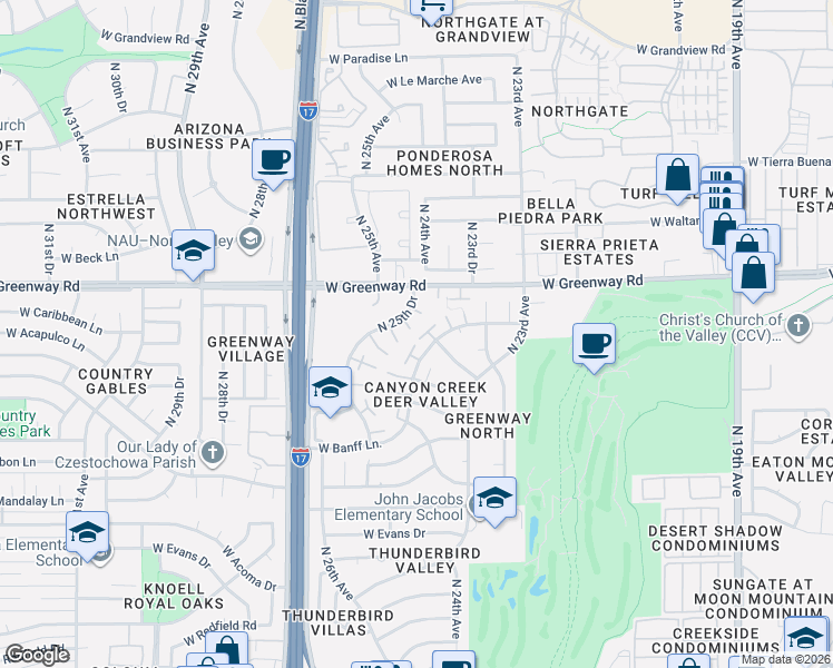 map of restaurants, bars, coffee shops, grocery stores, and more near 2506 West Caribbean Lane in Phoenix