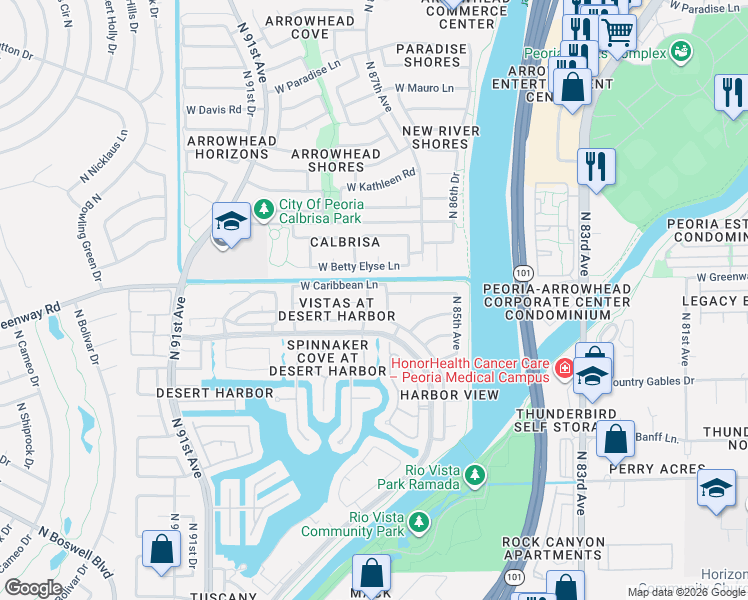 map of restaurants, bars, coffee shops, grocery stores, and more near 15303 North 87th Drive in Peoria