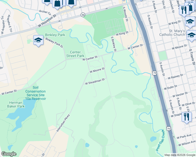 map of restaurants, bars, coffee shops, grocery stores, and more near 1201 West Steadman Street in Sherman